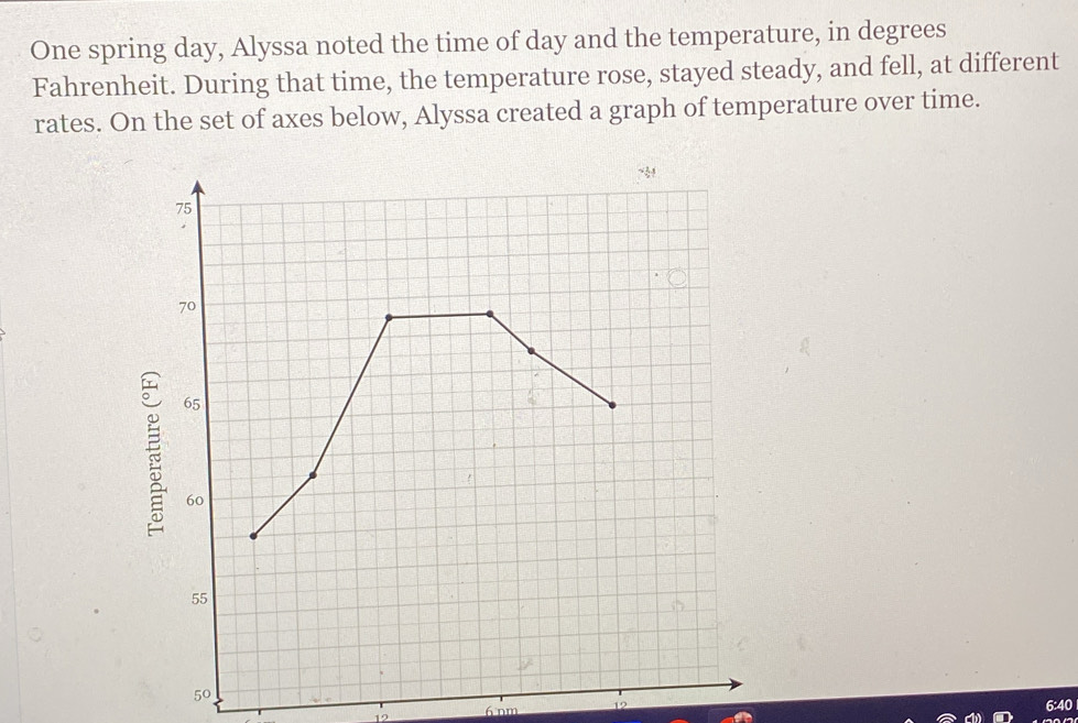 One spring day, Alyssa noted the time of day and the temperature, in degrees 
Fahrenheit. During that time, the temperature rose, stayed steady, and fell, at different 
rates. On the set of axes below, Alyssa created a graph of temperature over time.
50
12 6 nm 12
6:40