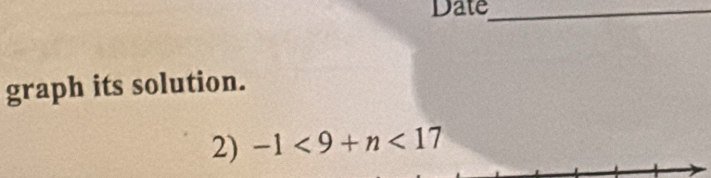 Date_ 
graph its solution. 
2) -1<9+n<17</tex>