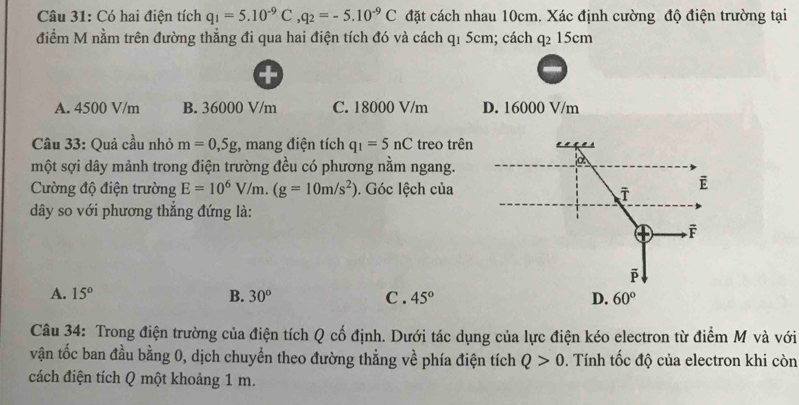 Có hai điện tích q_1=5.10^(-9)C,q_2=-5.10^(-9)C đặt cách nhau 10cm. Xác định cường độ điện trường tại
điểm M nằm trên đường thẳng đi qua hai điện tích đó và cách q1 5cm; cách q_215cm
A. 4500 V/m B. 36000 V/m C. 18000 V/m D. 16000 V/m
Câu 33: Quả cầu nhỏ m=0,5g :, mang điện tích q_1=5nC treo trên
một sợi dây mảnh trong điện trường đều có phương nằm ngang.
Cường độ điện trường E=10^6V/m.(g=10m/s^2). Góc lệch của
đây so với phương thắng đứng là:
A. 15° B. 30^o C . 45°
Câu 34: Trong điện trường của điện tích Q cố định. Dưới tác dụng của lực điện kéo electron từ điểm M và với
vận tốc ban đầu bằng 0, dịch chuyển theo đường thẳng về phía điện tích Q>0. Tính tốc độ của electron khi còn
cách điện tích Q một khoảng 1 m.