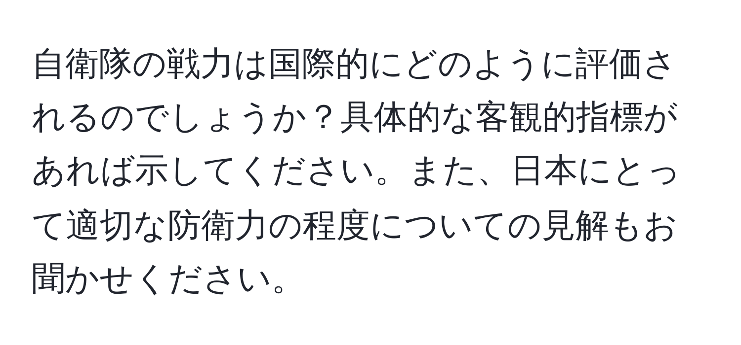 自衛隊の戦力は国際的にどのように評価されるのでしょうか？具体的な客観的指標があれば示してください。また、日本にとって適切な防衛力の程度についての見解もお聞かせください。