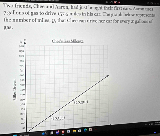 Two friends, Chee and Aaron, had just bought their first cars. Aaron uses
7 gallons of gas to drive 157.5 miles in his car. The graph below represents
the number of miles, y, that Chee can drive her car for every x gallons of
gas.