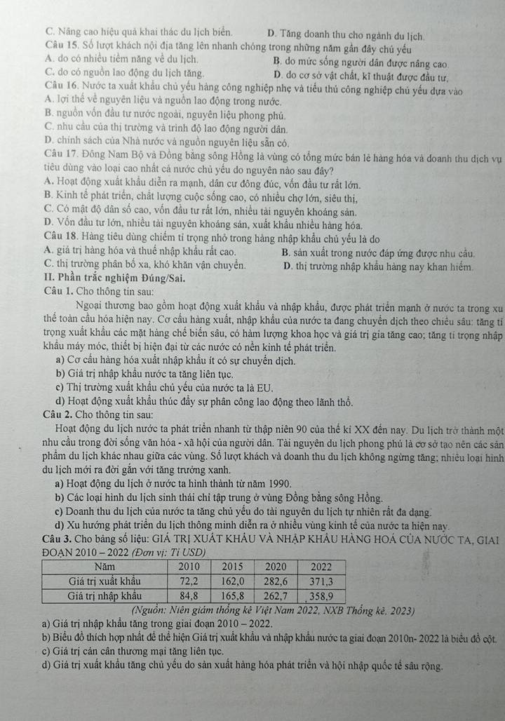 C. Nâng cao hiệu quả khai thác du lịch biển. D. Tăng doanh thu cho ngành du lịch.
Câu 15. Số lượt khách nội địa tăng lên nhanh chóng trong những năm gần đây chủ yếu
A. do có nhiều tiềm năng về du lịch. B. do mức sống người dân được nâng cao
C. do có nguồn lao động du lịch tăng. D. do cơ sở vật chất, kĩ thuật được đầu tư,
Câu 16. Nước ta xuất khẩu chủ yếu hàng công nghiệp nhẹ và tiểu thủ công nghiệp chủ yếu dựa vào
A. lợi thể về nguyên liệu và nguồn lao động trong nước.
B. nguồn vốn đầu tư nước ngoài, nguyên liệu phong phú.
C. nhu cầu của thị trường và trình độ lao động người dân.
D. chính sách của Nhà nước và nguồn nguyên liệu sẵn có.
Câu 17. Đồng Nam Bộ và Đồng bằng sông Hồng là vùng có tổng mức bản lẻ hàng hóa và đoanh thu dịch vụ
diêu dùng vào loại cao nhất cả nước chủ yếu do nguyên nào sau đây?
A. Hoạt động xuất khẩu diễn ra mạnh, dân cư đông đúc, vốn đầu tư rất lớn.
B. Kinh tể phát triển, chất lượng cuộc sống cao, có nhiều chợ lớn, siêu thị,
C. Có mật độ dân số cao, vốn đầu tư rất lớn, nhiều tải nguyên khoáng sản.
D. Vốn đầu tư lớn, nhiều tài nguyên khoáng sản, xuất khẩu nhiều hàng hóa.
Câu 18. Hàng tiêu dùng chiếm tỉ trọng nhỏ trong hàng nhập khẩu chủ yếu là do
A. giả trị hàng hóa và thuế nhập khẩu rất cao. B. sản xuất trong nước đáp ứng được nhu cầu.
C. thị trường phân bố xa, khó khăn vận chuyển. D. thị trường nhập khẩu hàng nay khan hiểm.
II. Phần trắc nghiệm Đúng/Sai.
Câu 1. Cho thông tin sau:
Ngoại thương bao gồm hoạt động xuất khẩu và nhập khẩu, được phát triển mạnh ở nước ta trong xu
thể toàn cầu hóa hiện nay. Cơ cầu hàng xuất, nhập khẩu của nước ta đang chuyển dịch theo chiều sâu: tăng tỉ
trọng xuất khẩu các mặt hàng chế biển sâu, có hàm lượng khoa học và giá trị gia tăng cao; tăng tỉ trọng nhập
khẩu máy móc, thiết bị hiện đại từ các nước có nền kinh tể phát triển.
a) Cơ cầu hàng hóa xuất nhập khẩu ít có sự chuyển dịch.
b) Giá trị nhập khẩu nước ta tăng liên tục.
c) Thị trường xuất khẩu chủ yếu của nước ta là EU.
d) Hoạt động xuất khẩu thúc đầy sự phân công lao động theo lãnh thổ.
Câu 2. Cho thông tin sau:
Hoạt động du lịch nước ta phát triển nhanh từ thập niên 90 của thể kỉ XX đến nay. Du lịch trở thành một
nhu cầu trong đời sống văn hóa - xã hội của người dân. Tài nguyên du lịch phong phủ là cơ sở tạo nên các sản
phẩm du lịch khác nhau giữa các vùng. Số lượt khách và doanh thu du lịch không ngừng tăng; nhiều loại hình
du lịch mới ra đời gắn với tăng trưởng xanh.
a) Hoạt động du lịch ở nước ta hình thành từ năm 1990.
b) Các loại hình du lịch sinh thái chỉ tập trung ở vùng Đồng bằng sông Hồng.
c) Doanh thu du lịch của nước ta tăng chủ yếu do tài nguyên du lịch tự nhiên rất đa dạng.
d) Xu hướng phát triển du lịch thông minh diễn ra ở nhiều vùng kinh tế của nước ta hiện nay.
Câu 3. Cho bảng số liệu: GIÁ TRỊ XUÁT KHẢU VẢ NHẢP KHÁU HẢNG HOÁ CÚA NƯỚC TA, GIAI
ĐOAN 2010 - 2022 (Đơn vị: Tỉ USD)
(Nguồn: Niên giám thống kê Việt Nam 2022, NXB Thổng kê, 2023)
a) Giá trị nhập khẩu tăng trong giai đoạn 2010 - 2022.
b) Biểu đồ thích hợp nhất đề thể hiện Giá trị xuất khẩu và nhập khẩu nước ta giai đoạn 2010n- 2022 là biểu đồ cột.
c) Giá trị cản cân thương mại tăng liên tục.
d) Giá trị xuất khẩu tăng chủ yếu do sản xuất hàng hóa phát triển và hội nhập quốc tế sâu rộng.