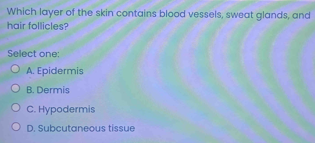 Which layer of the skin contains blood vessels, sweat glands, and
hair follicles?
Select one:
A. Epidermis
B. Dermis
C. Hypodermis
D. Subcutaneous tissue