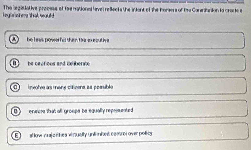 The legislative process at the national level reflects the intent of the framers of the Constitution to create s
legislature that would
be less powerful than the executive
be cautious and deliberate
involve as many citizens as possible
D) ensure that all groups be equally represented
allow majorities virtually unlimited control over policy