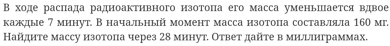 В ходе распада радиоактивного изотопа его масса уменьшается вдвое 
каждые 7 минут. В начальный момент масса изотопа составляла 160 мг. 
Найдите массу изотоπа через 28 минут. Ответ дайте в миллиграммах.