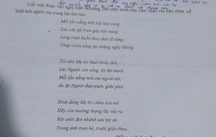 Viết một đoạn văn nghị luận (khoảng 200 chu) trình bảy cảm nhân của bản thân về 
hình ảnh người mẹ trong bài thơ sau: 
Mỗi lần nắng mới hắt bên song 
Xao xác gà trưa gây não nùng: 
Lng rượi buồn theo thời đĩ văng. 
Chập chờn sống lại những ngày không. 
Tôi nhớ Mẹ tôi thuở thiếu thời, 
Lúc Người còn sống, tội lên mười; 
Mỗi lần nắng mới reo ngoài nội, 
Áo đỏ Người đưa trước giậu phơi. 
Hình đáng Mẹ tôi chừa xóa mở 
Hãy còn mưởng tượng lúc vào ra 
Nét cười đen nhánh sau tay ào 
Trong ánh trưa hè, trước giậu thưa.