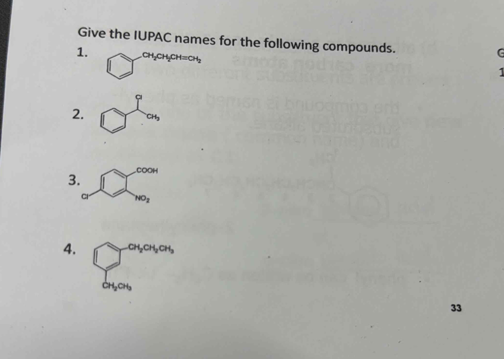 Give the IUPAC names for the following compounds.
1.
CH_2CH_2CH=CH_2
G
1
2. □°
3
4. sumlimits _by,a_3+a_3a_4a_ba_b,a_b
33