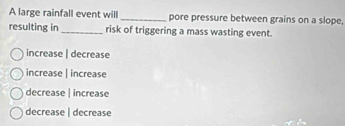 A large rainfall event will_ pore pressure between grains on a slope,
resulting in_ risk of triggering a mass wasting event.
increase | decrease
increase | increase
decrease | increase
decrease | decrease