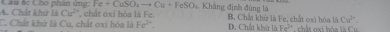 Cho phân ứng: Fe+CuSO_4to Cu+FeSO_4. Khẳng định đúng là
A. Chất khử là Cu^(2+) , chất oxi hóa là Fe. B. Chất khử là Fe, chất oxi hóa là Cu^(2+).
C. Chất khử là Cu, chất oxi hóa là Fe^(2+). D. Chất khử là Fe^(2+). chất oxi hóa là Cu.