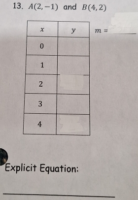 A(2,-1) and B(4,2)
m= _ 
Explicit Équation: 
_