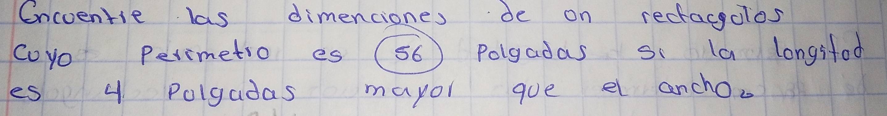 Cncoentie las dimenciones de on recraccios 
coyo Perimetio es (56 ) Polgadas si Ia longsfod 
es 4 Polgadas mayor qoe el ancho.