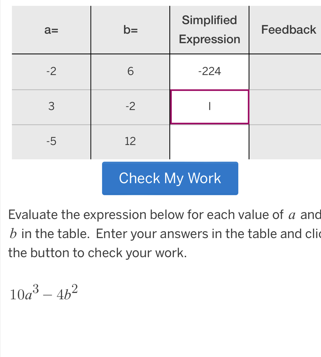 Evaluate the expression below for each value of a and
b in the table. Enter your answers in the table and cli
the button to check your work.
10a^3-4b^2