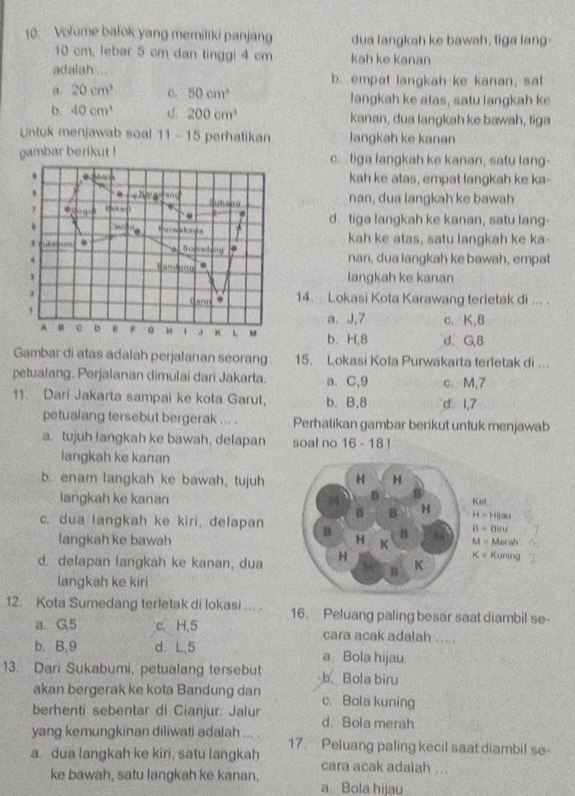 Volume balok yang memiliki panjang
dua langkah ke bawah, tiga lang-
10 cm, lebar 5 cm dan tinggi 4 cm kah ke kanan
adalah .
b. empat langkah ke kanan, sat
a. 20cm^3 c. 50cm^3 langkah ke atas, satu langkah ke
b. 40cm^3 e. 200cm^3 kanan, dua langkah ke bawah, tiga
Untuk menjawab soal 11 - 15 perhatikan langkah ke kanan
gambar berikut ! c.tiga langkah ke kanan, satu lang-
. B kah ke atas, empat langkah ke ka-
Ba fand Subans
nan, dua langkah ke bawah
Uekael
. .
d. tiga langkah ke kanan, satu lang-
an  r e 
Huraahanta A
xukahum .
kah ke atas, satu langkah ke ka-
3 Sumedeno
Candung .
nan, dua langkah ke bawah, empat
3 langkah ke kanan
1 14. Lokasi Kota Karawang terletak di ... .
C an
a. J、7 c、 K,8
A c 。 0 h 1 J L M
b. H,8 d、G,8
Gambar di atas adalah perjalanan seorang 15. Lokasi Kota Purwakarta terletak di ...
petualang. Perjalanan dimulai dari Jakarta. a. C,9
c. M,7
11. Dari Jakarta sampai ke kota Garut,
b. B,8 d 1,7
petualang tersebut bergerak ... . Perhatikan gambar berikut untuk menjawab
a. tujuh langkah ke bawah, delapan soal no 16-18
langkah ke kanan
b. enam langkah ke bawah, tujuh
laṅgkah ke kanan
c. dua langkah ke kiri, delapan
langkah ke bawah
d. delapan langkah ke kanan, dua
langkah ke kiri
12. Kota Sumedang terletak di lokasi ... . 16. Peluang paling besar saat diambil se-
a. Q5 c、 H,5 cara acak adalah ... .
b. B,9 d. L,5
a. Bola hijau
13. Dari Sukabumi, petualang tersebut b Bola biru
akan bergerak ke kota Bandung dan
c. Bola kuning
berhenti sebentar di Cianjur. Jalur
d.Bola merah
yang kemungkinan diliwati adalah ... . 17. Peluang paling kecil saat diambil se-
a. dua langkah ke kiri, satu langkah
cara acak adalah ...
ke bawah, satu langkah ke kanan,
a. Bola hijau