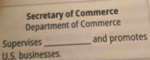 Secretary of Commerce 
Department of Commerce 
Supervises_ and promotes 
U.S. businesses.