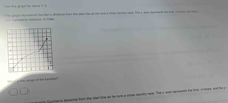 Use this graph for Items 1-3 
The graph represents Quinten's distance from the start line as he runs a cross country race. The x -axis represents the time in hours, and me y - 
axis represents distance, in miles.
y
16
A 2
1 4 6
What is the range of the function? 
□ 
esents Quinten's distance from the start line as he runs a cross country race. The x -axis represents the time; in hours, and the y -