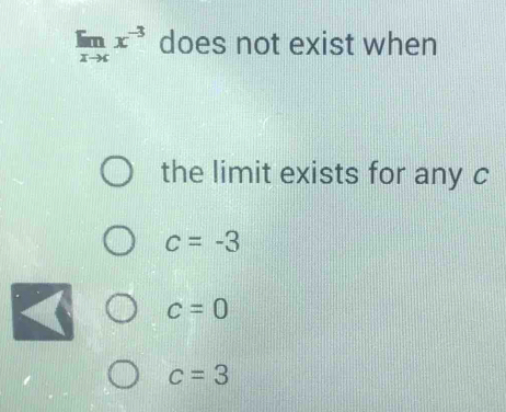 limlimits _xto cx^(-3) does not exist when
the limit exists for any c
c=-3
c=0
c=3