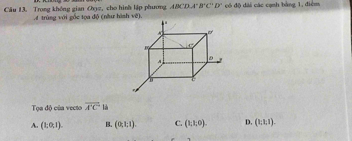 Trong không gian Oxyz, cho hình lập phương ABCD.A' B'C'D' có độ dài các cạnh bằng 1, điểm
A trùng với gốc tọa độ (như hình vwidehat e).
Tọa độ của vecto vector A'C' là
D.
A. (1;0;1). B. (0;1;1). C. (1;1;0). (1;1;1).