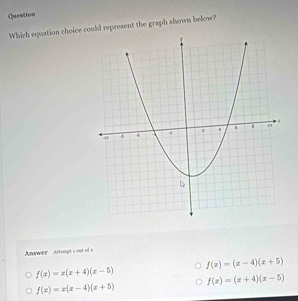 Question
Which equation choice could represent the graph shown below?
Answer Attempt 1 out of 2
f(x)=(x-4)(x+5)
f(x)=x(x+4)(x-5)
f(x)=(x+4)(x-5)
f(x)=x(x-4)(x+5)