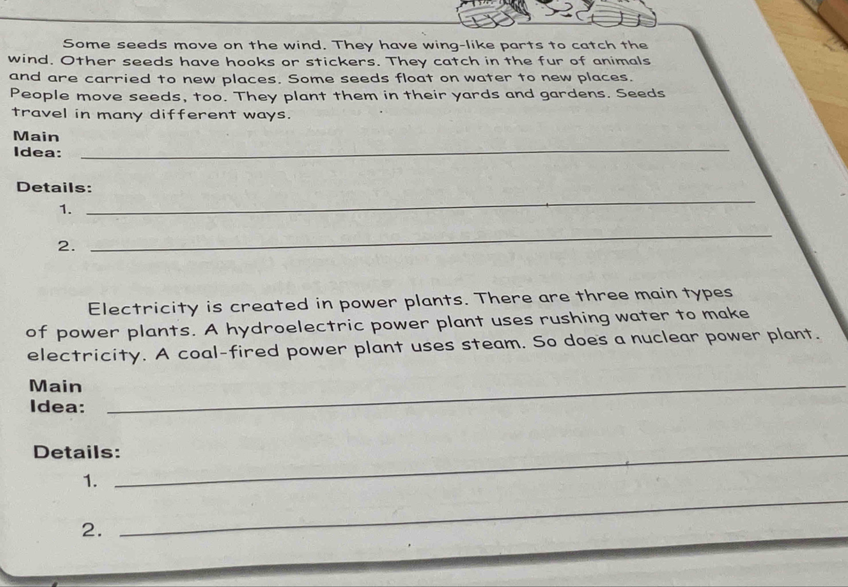 Some seeds move on the wind. They have wing-like parts to catch the 
wind. Other seeds have hooks or stickers. They catch in the fur of animals 
and are carried to new places. Some seeds float on water to new places. 
People move seeds, too. They plant them in their yards and gardens. Seeds 
travel in many different ways. 
_ 
Main 
Idea: 
Details: 
1. 
_ 
2. 
_ 
Electricity is created in power plants. There are three main types 
of power plants. A hydroelectric power plant uses rushing water to make 
electricity. A coal-fired power plant uses steam. So does a nuclear power plant. 
Main_ 
Idea: 
Details:_ 
_ 
1. 
2.