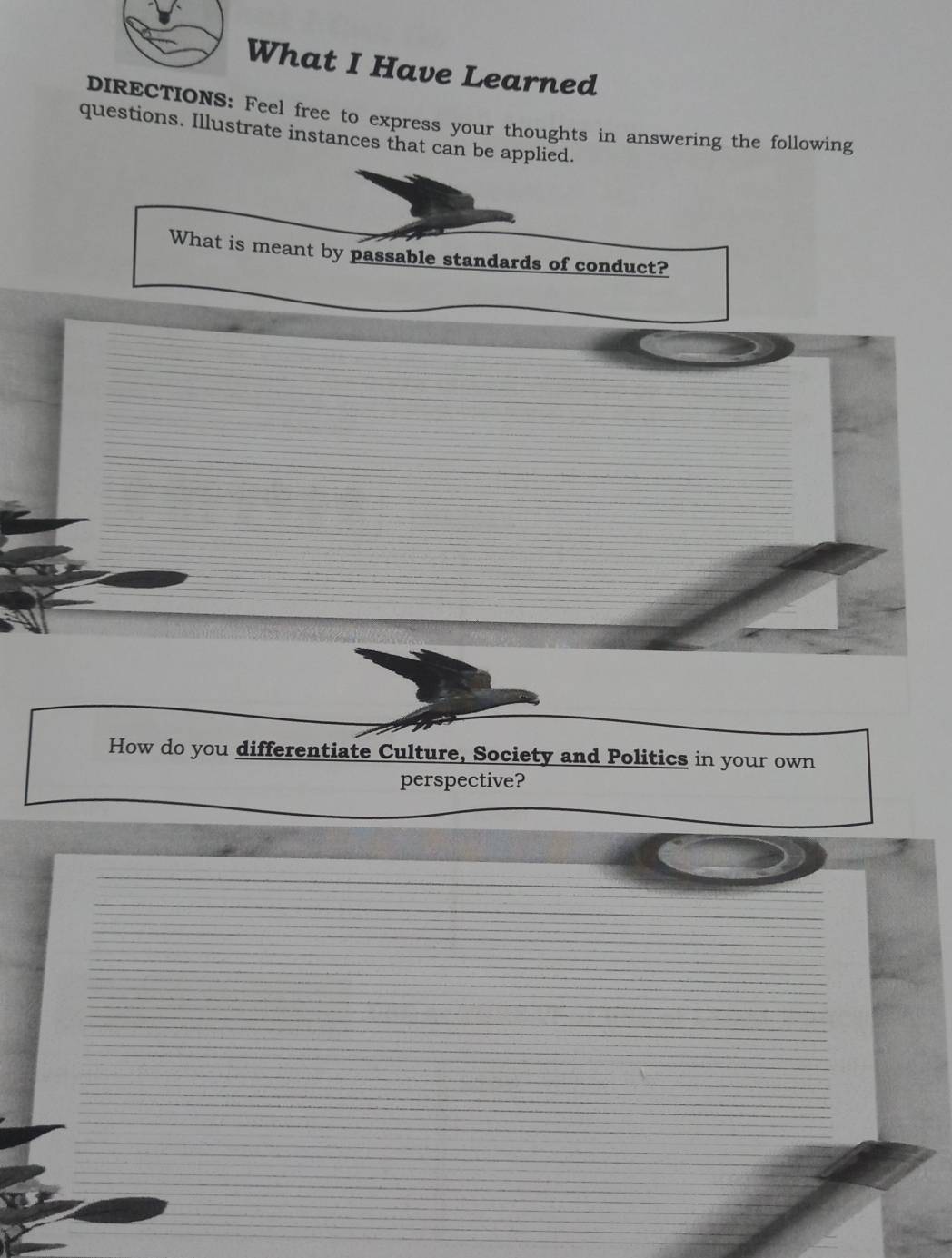 What I Have Learned 
DIRECTIONS: Feel free to express your thoughts in answering the following 
questions. Illustrate instances that can be applied. 
What is meant by passable standards of conduct? 
How do you differentiate Culture, Society and Politics in your own 
perspective?