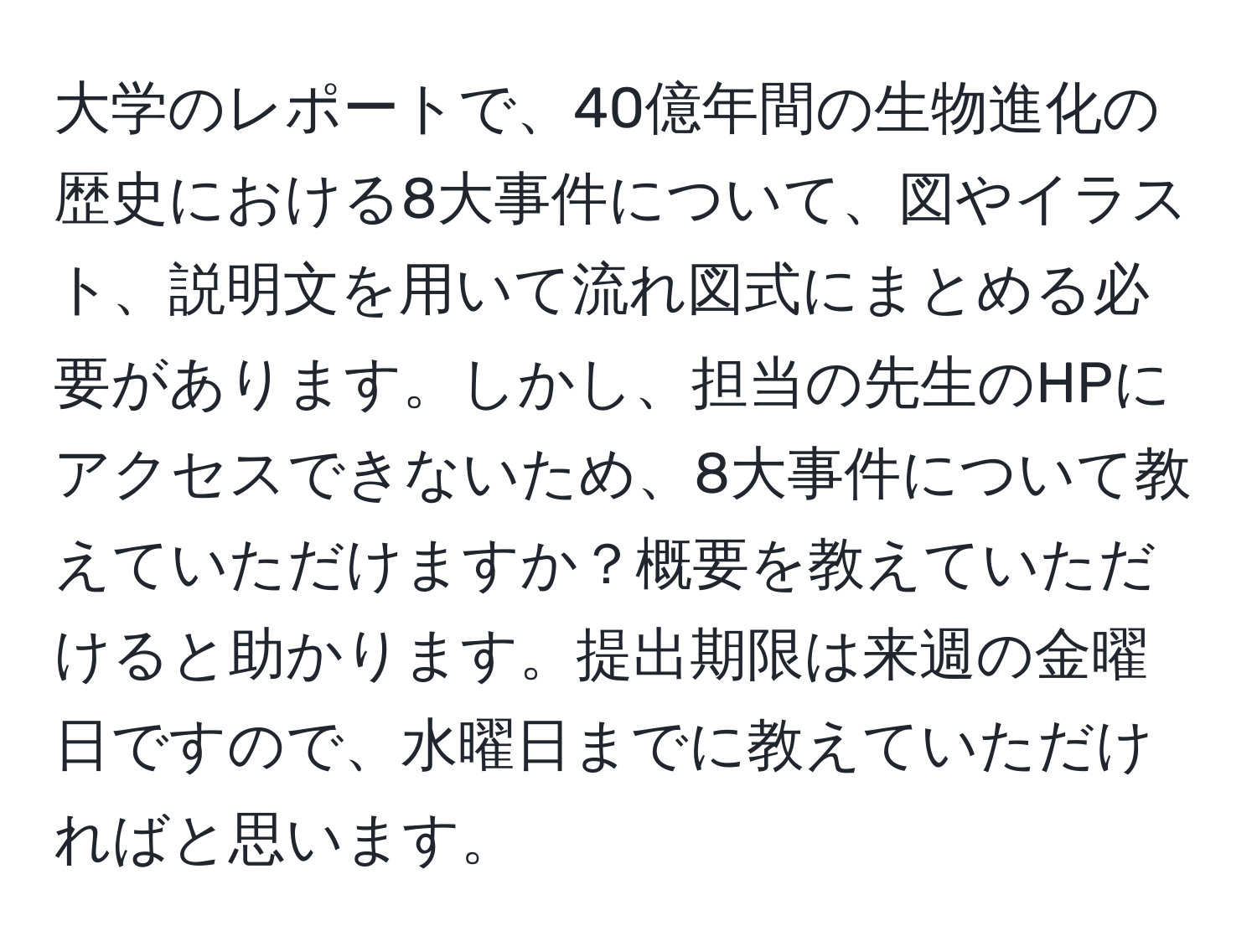 大学のレポートで、40億年間の生物進化の歴史における8大事件について、図やイラスト、説明文を用いて流れ図式にまとめる必要があります。しかし、担当の先生のHPにアクセスできないため、8大事件について教えていただけますか？概要を教えていただけると助かります。提出期限は来週の金曜日ですので、水曜日までに教えていただければと思います。
