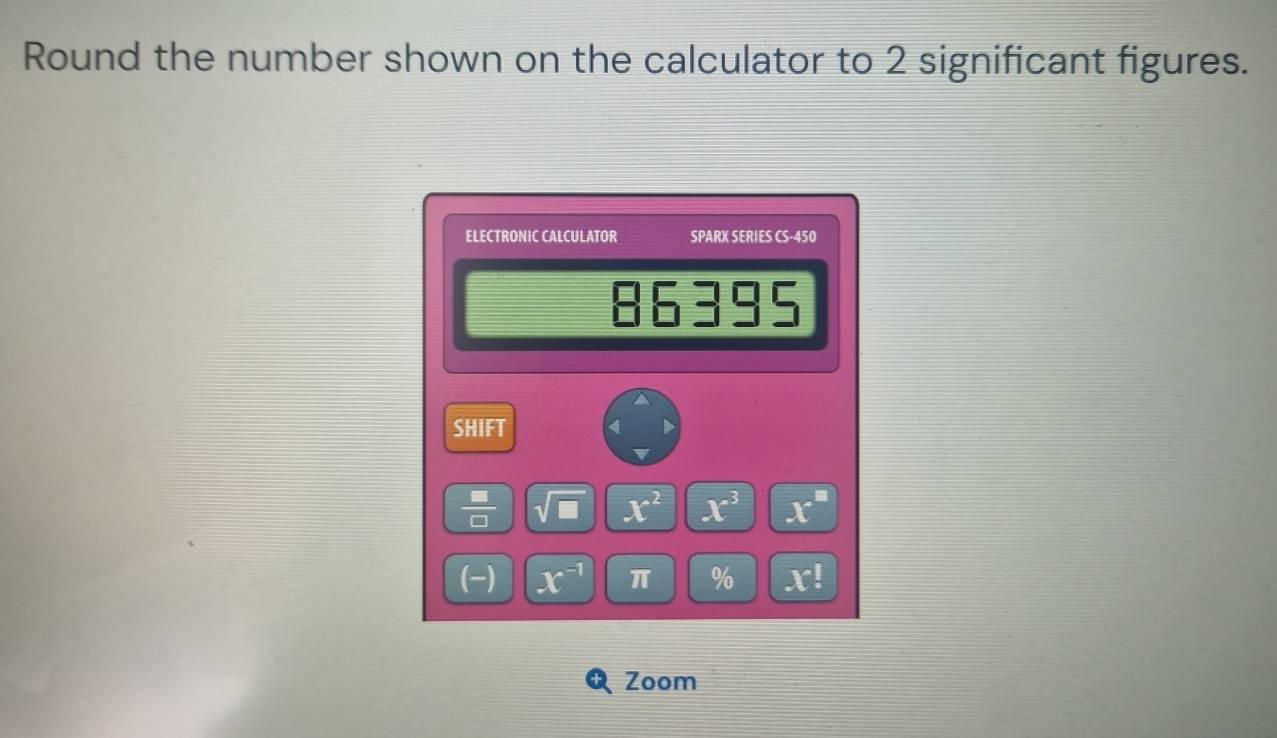 Round the number shown on the calculator to 2 significant figures. 
ELECTRONIC CALCULATOR SPARX SERIES CS-450 
86395 
SHIFT 
 □ /□   √ x^2 x^3 x^=
(-) x^(-1) π % x!
Zoom