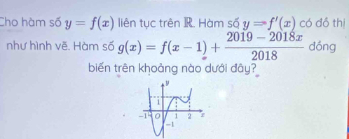 Cho hàm số y=f(x) liên tục trên R. Hàm số y=f'(x) có đồ thị
như hình vẽ. Hàm số g(x)=f(x-1)+ (2019-2018x)/2018  đồng
biến trên khoảng nào dưới đây?