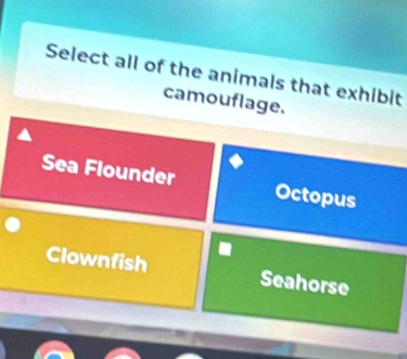 Select all of the animals that exhibit
camouflage.
Sea Flounder Octopus
Clownfish Seahorse