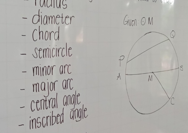 ruclus 
- diameter Gven odot M
- chord 
- semicircle 
- minor arc 
-major arc 
-central angle 
-inscribed angle