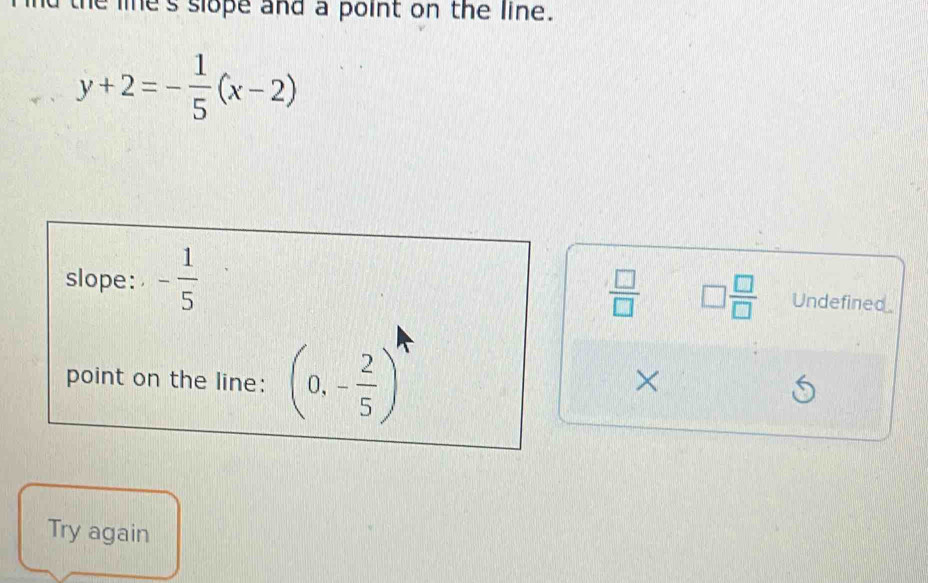 nd the lie's slope and a point on the line.
y+2=- 1/5 (x-2)
 □ /□   □  □ /□  
slope: - 1/5  Undefined 
point on the line: (0,- 2/5 )
× 
Try again