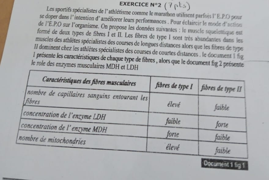 EXERCICE N°2 
Les sportifs spécialistes de l' athlétisme comme le marathon utilisent parfois l' E.P.O pour 
se doper dans l' intention d'améliorer leurs performances . Pour éclaircir le mode d'action 
de I'F E.P.O sur l'organisme. On propose les données suivantes : le muscle squelettique est 
formé de deux types de fibres I et II. Les fibres de type I sont très abandantes dans les 
muscles des athlètes spécialistes des courses de longues distances alors que les fibres de type 
II dominent chez les athlètes spécialistes des courses de courtes distances . le document 1 fg 
l présente les caractéristiques de chaque type de fibres , alors que le document fig 2 présente 
le role des enzymes musculaires MDH et 
Document 1 fig 1