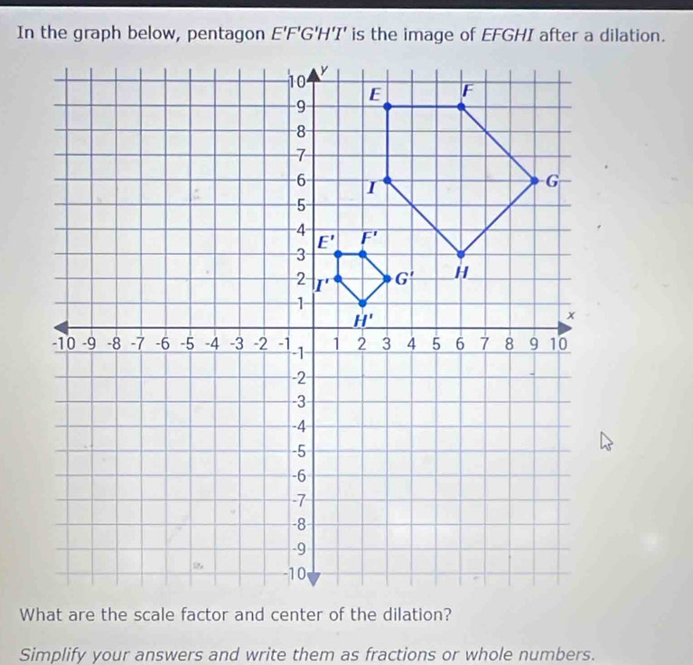 In the graph below, pentagon E'F'G'H'I' is the image of EFGHI after a dilation.
Simplify your answers and write them as fractions or whole numbers.