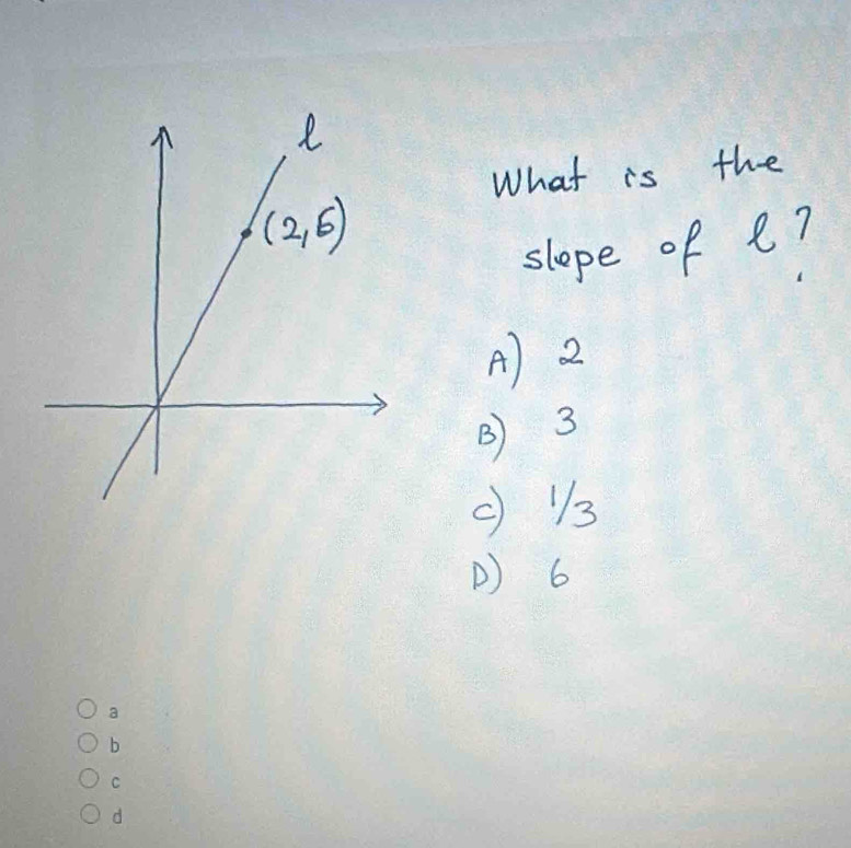 What is the
slope of e?
A) 2
B) 3
( 13
() 6