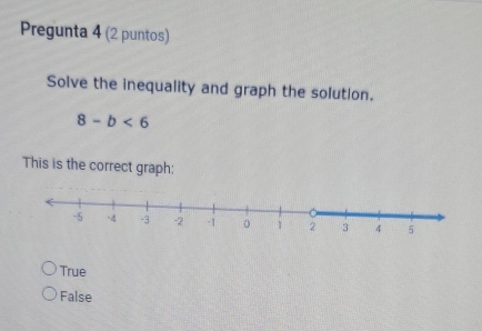 Pregunta 4 (2 puntos)
Solve the inequality and graph the solution.
8-b<6</tex> 
This is the correct graph:
True
False