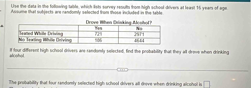 Use the data in the following table, which lists survey results from high school drivers at least 16 years of age. 
Assume that subjects are randomly selected from those included in the table. 
If four different high school drivers are randomly selected, find the probability that they all drove when drinking 
alcohol. 
The probability that four randomly selected high school drivers all drove when drinking alcohol is □.