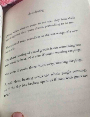 chest-beating
Ofen, when visitors come to see me, they beat thei
hands against their puny chests, pretending to be me
butterfly. They pound away, soundless as the wet wings of a new
The chest beating of a mad gorilla is not something you
ever want to hear. Not even if you're wearing earplugs
Not even if you're three miles away, wearing earplugs.
A real chest beating sends the whole jungle running,
as if the sky has broken open, as if men with guns are
near.