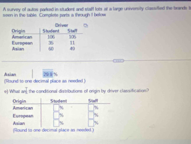 A survey of autos parked in student and staff lots at a large university classified the brands b 
seen in the table. Complete parts a through I below. 
Asian 29.9 %
(Round to one decimal place as needed.) 
e) What ard the conditional distributions of origin by driver classification? 
(Round to one decimal place as needed.)