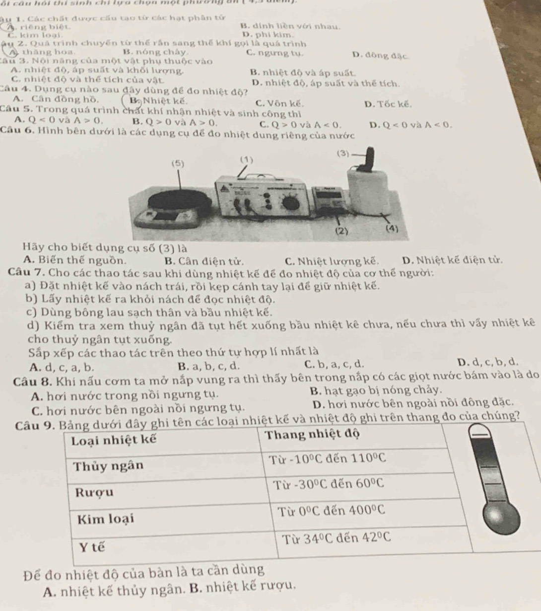 ối câu hội thí sinh chi lựa chọn một phường 
âu 1. Các chất được cấu tạo từ các hạt phần tử
1 riêng biệt B. dính liền với nhau.
C. kim loại. D. phi kim.
ậu 2. Quá trình chuyến từ thể rần sang thể khí gọi là quá trình
tháng hoa. B. nóng chây. C. ngưng tụ. D. đông đặc
Cầu 3. Nội năng của một vật phụ thuộc vào
A. nhiệt độ, áp suất và khối lượng. B. nhiệt độ và áp suất.
C. nhiệt độ và thể tích của vật. D. nhiệt độ, áp suất và thể tích.
Câu 4. Dụng cụ nào sau đây dùng để đo nhiệt độ?
A. Cân đồng hồ, Bạ Nhiệt kế. C. Vôn kế. D. Tốc kế.
Câu 5. Trong quá trình chất khí nhận nhiệt và sinh công thì
A. Q<0</tex> và A>0. B. Q>0 và A>0. C. Q>0 và A<0. D. Q<0</tex> yà A<0.
Câu 6. Hình bên dưới là các dụng cụ để đo nhiệt dung riêng của nước
Hy cho biết dụng cụ số (3) là
A. Biến thế nguồn. B. Cân điện tử. C. Nhiệt lượng kế. D. Nhiệt kế điện tử.
Câu 7. Cho các thao tác sau khi dùng nhiệt kế để đo nhiệt độ của cơ thể người:
a) Đặt nhiệt kế vào nách trái, rồi kẹp cánh tay lại để giữ nhiệt kế.
b) Lấy nhiệt kế ra khỏi nách để đọc nhiệt độ.
c) Dùng bông lau sạch thân và bầu nhiệt kế.
d) Kiểm tra xem thuỷ ngân đã tụt hết xuống bầu nhiệt kê chưa, nếu chưa thì vấy nhiệt kê
cho thuỷ ngân tụt xuống.
Sắp xếp các thao tác trên theo thứ tự hợp lí nhất là
A. d, c, a, b. B. a, b, c, d. C. b, a, c, d. D. d, c, b, d.
Câu 8. Khi nấu cơm ta mở nắp vung ra thì thấy bên trong nắp có các giọt nước bám vào là do
A. hơi nước trong nồi ngưng tụ. B. hạt gạo bị nóng chảy.
C. hơi nước bên ngoài nồi ngưng tụ. D. hơi nước bên ngoài nồi đông đặc.
Cà nhiệt độ ghi trên thang đo của chúng?
Để đo nhiệt độ của bàn là
A. nhiệt kế thủy ngân. B. nhiệt kế rượu.