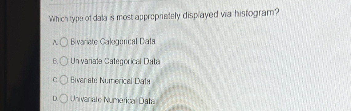 Which type of data is most appropriately displayed via histogram?
A. Bivariate Categorical Data
B. Univariate Categorical Data
C. Bivariate Numerical Data
D. Univariate Numerical Data