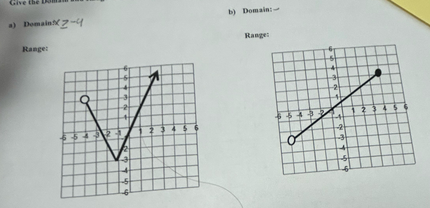 Give the Domam 
a) Domains b) Domain: 
Range: 
Range: