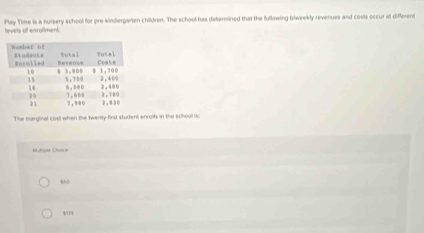 Play Time is a nursery school for pre-kindergarten children. The school has determined that the following blweekly revenues and costs occur at different 
levels of enrollment: 
The marginal cost when the twenty-first student enrolls in the school is: 
Mutiple Chosce 
§139