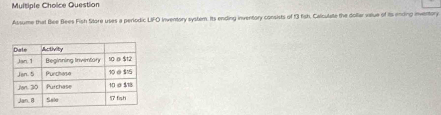 Question 
Assume that Bee Bees Fish Store uses a periodic LIFO Inventory system. Its ending inventory consists of 13 fish, Calculate the dollar xalue of its ending inventory