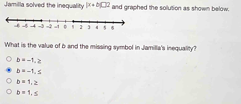 Jamilla solved the inequality |x+b|□ 2 and graphed the solution as shown below.
What is the value of b and the missing symbol in Jamilla's inequality?
b=-1,≥
b=-1,≤
b=1,≥
b=1 ,