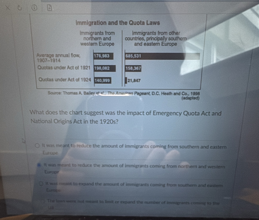 Immigration and the Quota Laws
Immigrants from Immigrants from other
northern and countries, principally southern
western Europe and eastern Europe
Average annual flow, 176,983 685,531
1907-1914
Quotas under Act of 1921 198,082 158,367
Quotas under Act of 1924 140,999 21,847
Source: Thomas A. Bailey et al. The American Pageant, D.C. Heath and Co., 1998
(adapted)
What does the chart suggest was the impact of Emergency Quota Act and
National Origins Act in the 1920s?
It was meant to reduce the amount of immigrants coming from southern and eastern
Europe
It was meant to reduce the amount of immigrants coming from northern and western
Earope
it was meant to expand the amount of immigrants coming from southern and eastem
Europe
The laws were not meant to limit or expand the number of immigrants coming to the
US