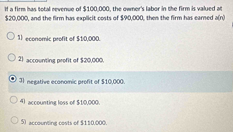 If a firm has total revenue of $100,000, the owner's labor in the firm is valued at
$20,000, and the firm has explicit costs of $90,000, then the firm has earned a(n)
1) economic profit of $10,000.
2) accounting profit of $20,000.
3) negative economic profit of $10,000.
4) accounting loss of $10,000.
5) accounting costs of $110,000.