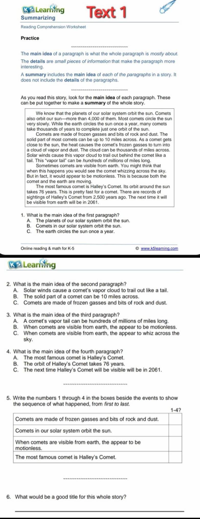 【 Learning Text 1
Summarizing
Reading Comprehension Worksheet
Practice
_
The main idea of a paragraph is what the whole paragraph is mostly about.
The details are small pieces of information that make the paragraph more
interesting.
A summary includes the main idea of each of the paragraphs in a story. It
does not include the details of the paragraphs.
_
As you read this story, look for the main idea of each paragraph. These
can be put together to make a summary of the whole story.
We know that the planets of our solar system orbit the sun. Comets
also orbit our sun—more than 4.000 of them. Most comets circle the sur
very slowly. While the earth circles the sun once a year, many comets
take thousands of years to complete just one orbit of the sun.
Comets are made of frozen gasses and bits of rock and dust. The
solid part of most comets can be up to 10 miles across. As a comet gets
close to the sun, the heat causes the comet's frozen gasses to turn into
a cloud of vapor and dust. The cloud can be thousands of miles across.
tail. This "vapor tail" can be hundreds of millions of miles long.
when this happens you would see the comet whizzing across the sky.
But in fact, it would appear to be motionless. This is because both the
comet and the earth are moving.
The most famous comet is Halley's Comet. Its orbit around the sun
takes 76 years. This is pretty fast for a comet. There are records of
sightings of Halley's Comet from 2,500 years ago. The next time it will
be visible from earth will be in 2061.
1. What is the main idea of the first paragraph?
A. The planets of our solar system orbit the sun.
B. Comets in our solar system orbit the sun.
C. The earth circles the sun once a year.
Online reading & math for K-5 © www.k5learning.com
Learning
2. What is the main idea of the second paragraph?
A. Solar winds cause a comet's vapor cloud to trail out like a tail.
B. The solid part of a comet can be 10 miles across.
C. Comets are made of frozen gasses and bits of rock and dust.
3. What is the main idea of the third paragraph?
A. A comet's vapor tail can be hundreds of millions of miles long.
B. When comets are visible from earth, the appear to be motionless.
C. When comets are visible from earth, the appear to whiz across the
sky.
4. What is the main idea of the fourth paragraph?
A. The most famous comet is Halley's Comet.
B. The orbit of Halley's Comet takes 76 years.
C. The next time Halley's Comet will be visible will be in 2061.
_
5. Write the numbers 1 through 4 in the boxes beside the events to show
the sequence of what happened, from first to last.
_
6. What would be a good title for this whole story?
_