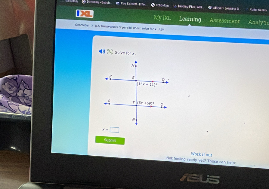 Dictionary - Google K！ Play Kahoot! - Enter schoology o Reading Plus | Ada AECysl Learning G. Kuder Galaxy
My IXL Learning Assessment Analytic
Geometry > D.5 Transversals of parailel lines: solve for x RSV
Solve for x.
Submit
Work it out
Not feeling ready yet? These can help: