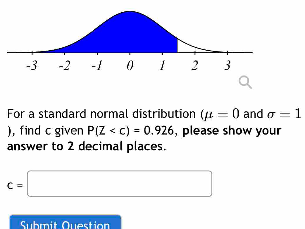 For a standard normal distribution (mu =0 and sigma =1
), find c given P(Z , please show your 
answer to 2 decimal places.
c=□
Submit Question