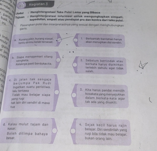 urindam 
Kegiatan 3 
i-nilai, : Menginterpretasi Teks Puisi Lama yang Dibaca 
emahar 
Judul 
, pantu 
Tujuan : Menginterpretasi informasi untuk mengungkapkan simpati, 
baik N 
kepedulian, empati atau pendapat pro dan kontra dari teks puisi. 
ini 
1. Pasangkan puisi dan interpretasinya yang sesuai dengan menghubungkan 
_ 
garis. 
India a. Kurang pikir, kurang siasat. 1. Berbantah-bantahan hanya 
mula tentu dirimu kelak tersesat. akan merugikan diri sendiri. 
gurin 
t pen 
syar b. Siapa menggemari silang 2. Sebelum bertindak atau 
sengketa, 
Keľaknya pasti berdukacita. berkata ħarus dipikirkan 
terlebih dahulu agar tidak 
DOp 
salah. 
him 
ler 
c. Di jalan tak sengaja 
berjumpa Pak Rudi 
ta Ingatkan suatu peristiwa, 3. Kita harus pandai memilih 
la lalu tertawa 
kosakata yang menyejukkan 
Tidak mau belajar siapa dalam berkata-kata agar 
yang rugi 
tak lain diri sendiri di masa tak ada yang disakiti. 
tua 
d. Kalau mulut tajam dan 4. Sejak kecil harus rajin 
kasar, belajar. Diri sendirilah yang 
Boleh ditimpa bahaya rugi bila tidak mau belajar, 
besar. bukan orang lain.