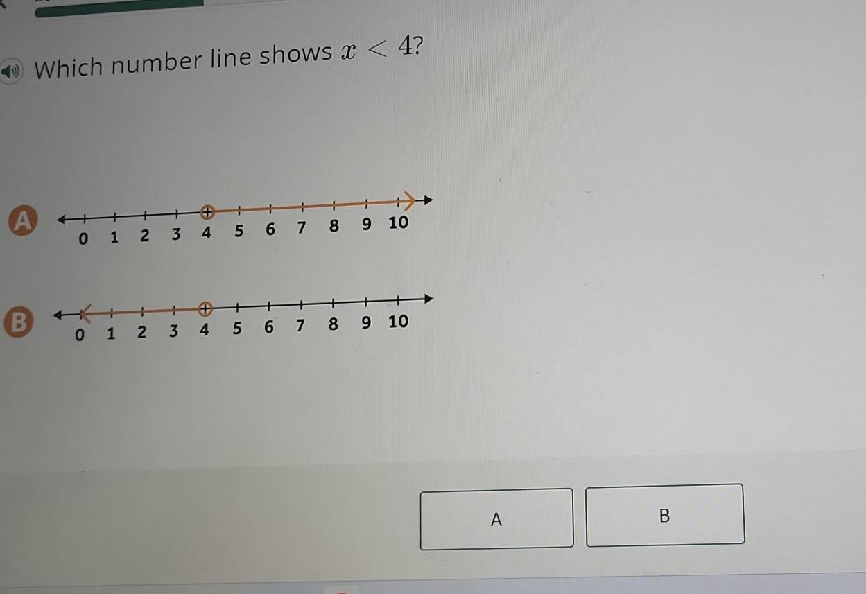 Which number line shows x<4</tex> 7 
a 
B 
A 
B